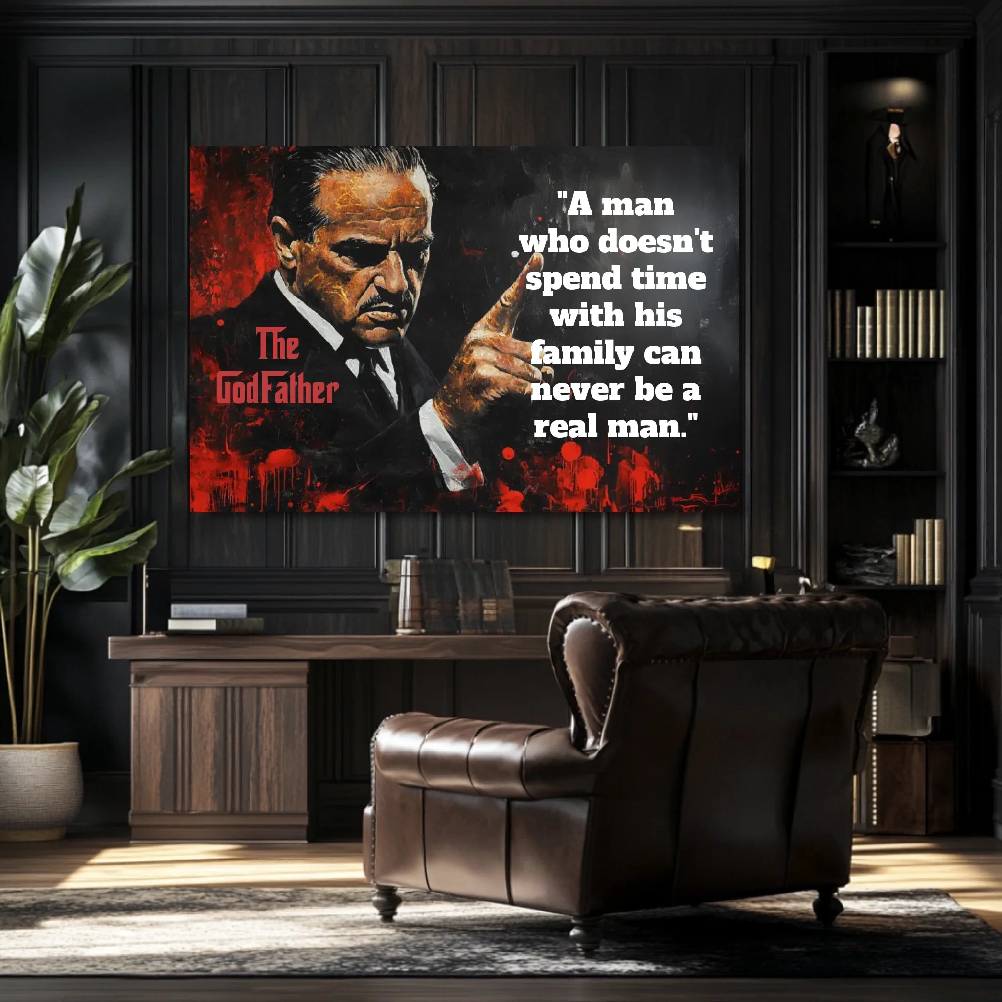 Pop art obraz na plátne s motívom The Godfather na plátne, muž v obleku v čierno-červených odtieňoch, intenzívna atmosféra, rodina a sila a moc – produkt
