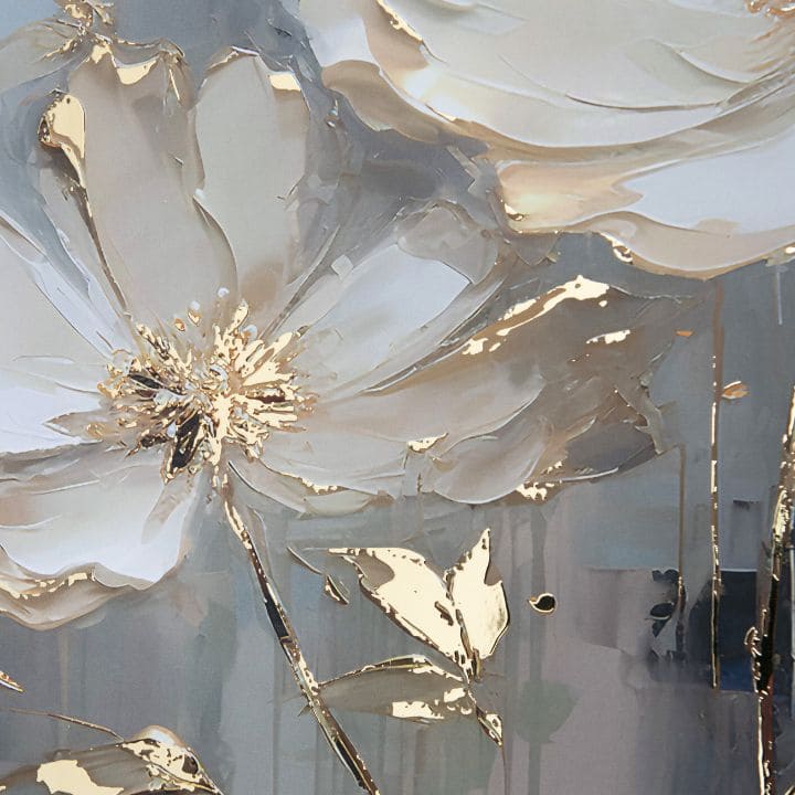 Moderný obraz na plátne s motívom kvet, listy v krémovo-zlatých odtieňoch, elegantná atmosféra, príroda a luxusný dojem | Plagát na stenu s EXTRA efektom - Golden Petals – produkt, pohľad 2