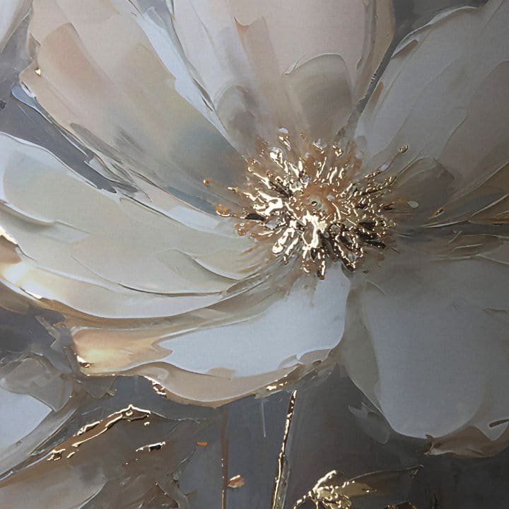 Moderný obraz na plátne s motívom kvet, listy v krémovo-zlatých odtieňoch, elegantná atmosféra, príroda a luxusný dojem | Plagát na stenu s EXTRA efektom - Golden Petals – produkt, pohľad 3