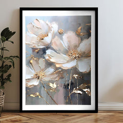 Moderný obraz na plátne s motívom kvet, listy v krémovo-zlatých odtieňoch, elegantná atmosféra, príroda a luxusný dojem | Plagát na stenu s EXTRA efektom - Golden Petals – produkt