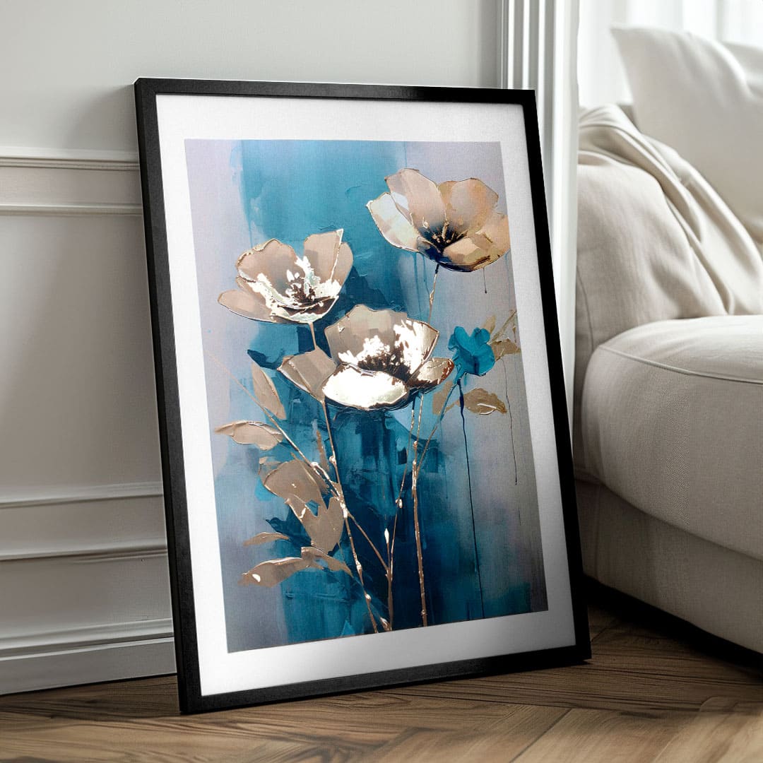 Moderný obraz na plátne v zlato-tyrkysových odtieňoch, elegantná atmosféra, príroda a luxusný dojem | Plagát na stenu s EXTRA efektom - Teal Flowers – produkt