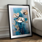 Moderný obraz na plátne v zlato-tyrkysových odtieňoch, elegantná atmosféra, príroda a luxusný dojem | Plagát na stenu s EXTRA efektom - Teal Flowers – produkt
