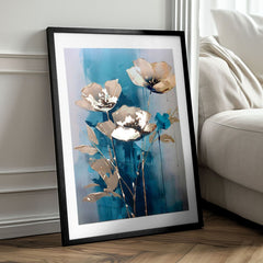Moderný obraz na plátne v zlato-tyrkysových odtieňoch, elegantná atmosféra, príroda a luxusný dojem | Plagát na stenu s EXTRA efektom - Teal Flowers – produkt