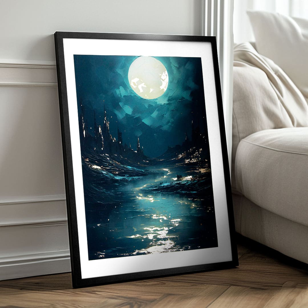 Moderný obraz na plátne s motívom nočná obloha v čiernych odtieňoch, tajomná atmosféra, samota | Plagát na stenu s EXTRA efektom - Moonlit Waves – produkt