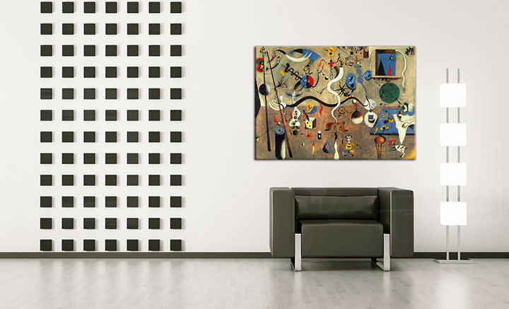 Pop art obraz na plátne s motívom CARNIVAL OF HARLEQUIN – Joan Miro, vták, detský motív, príroda vo viacfarebných odtieňoch zavesený v interiéri obývačky – interiér