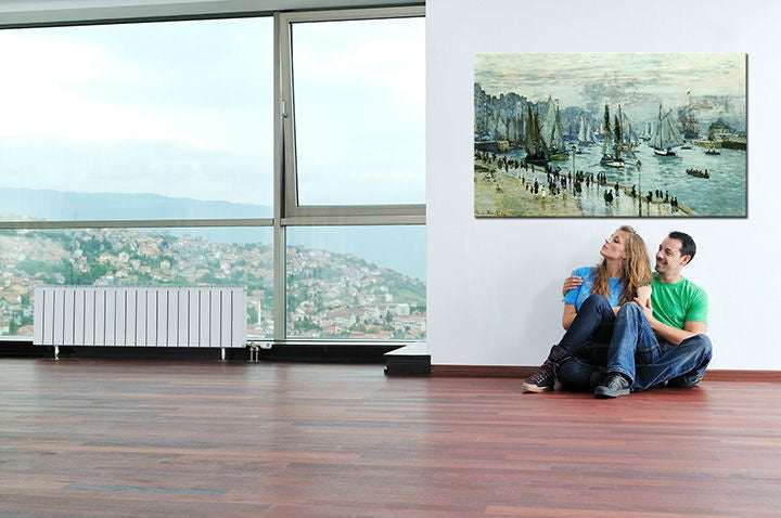 Vintage obraz s motívom prístav, panoráma mesta, mapa v modro-sivých odtieňoch | Obraz na plátne RYBÁRSKE LODE OPUSTILI PRÍSTAV LE HAVRE – Claude Monet – náhľad