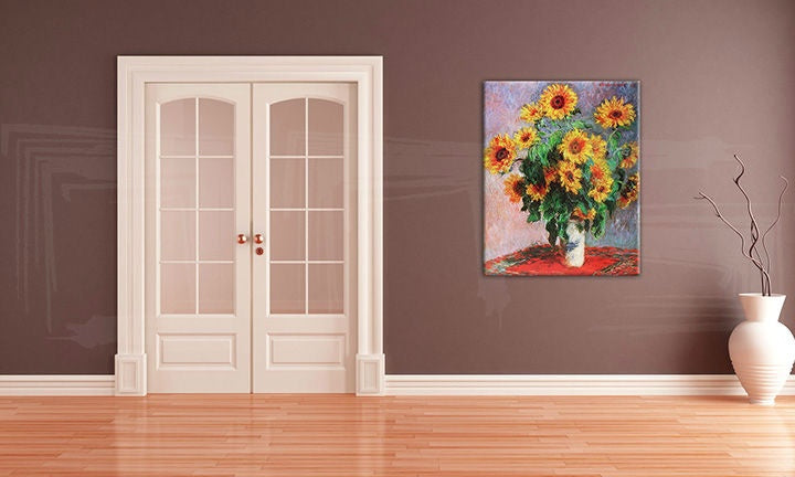 V boho štýle obraz s motívom SLNEČNICE – Claude Monet, váza, kvety v modro-ružových odtieňoch | Obraz na plátne SLNEČNICE – Claude Monet, príroda – náhľad