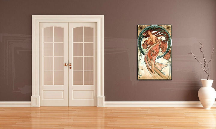 Geometrický obraz s motívom TANEC – Alfons Mucha, príroda v modro-zlatých odtieňoch | Obraz na plátne TANEC – Alfons Mucha, príroda a elegancia – náhľad