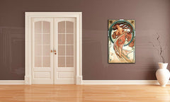 Geometrický obraz s motívom TANEC – Alfons Mucha, príroda v modro-zlatých odtieňoch | Obraz na plátne TANEC – Alfons Mucha, príroda a elegancia – náhľad