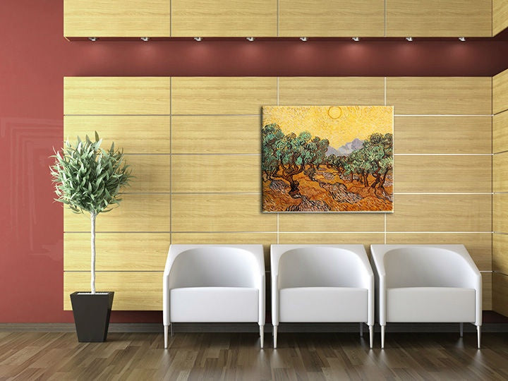 Vintage obraz s motívom OLIVOVNÍKY – Vincent van Gogh, slnko, hory v hnedo-zelených odtieňoch | Obraz na plátne OLIVOVNÍKY – Vincent van Gogh – náhľad