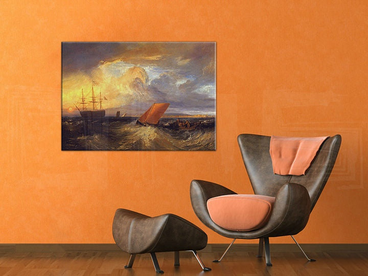 Vintage obraz s motívom SHEERNESS VISTA DAL NORE – William Turner, oceán, západ slnka v modro-oranžových odtieňoch – náhľad