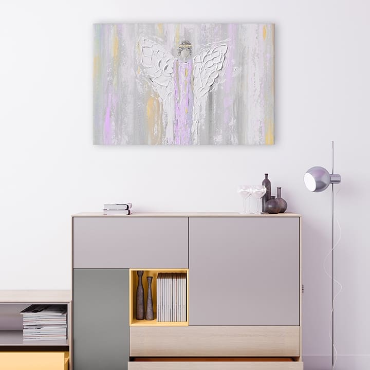 Art deco obraz na plátne s motívom Príjemné stretnutie, anjel, náboženský motív, zviera v bielo-sivých odtieňoch, pokojná atmosféra, vhodný do spálne – produkt