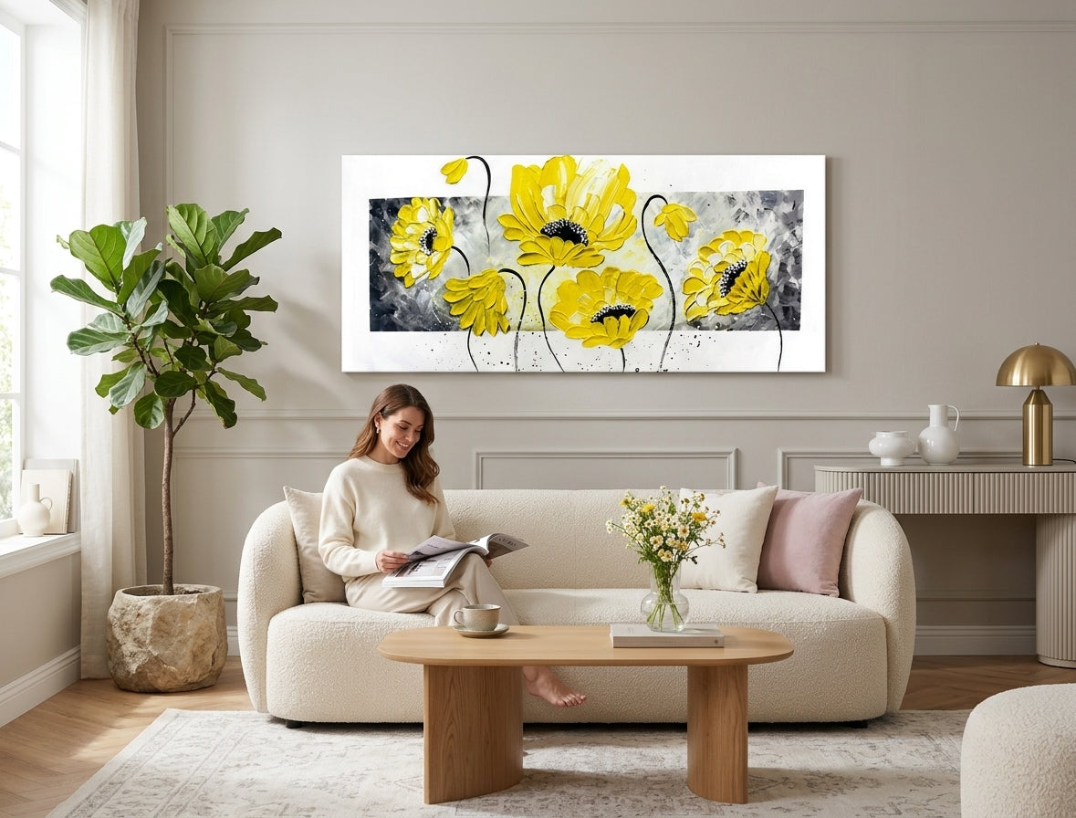 Pop art obraz na plátne s motívom kvety, príroda v bielo-sivých odtieňoch zavesený v interiéri obývačky, veselá atmosféra, príroda a jarná atmosféra – interiér