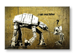 Moderný obraz na plátne s motívom Street ART – Banksy v žlto-bielych odtieňoch, rodina a popkultúra | Obraz na plátne Street ART – Banksy – hlavný