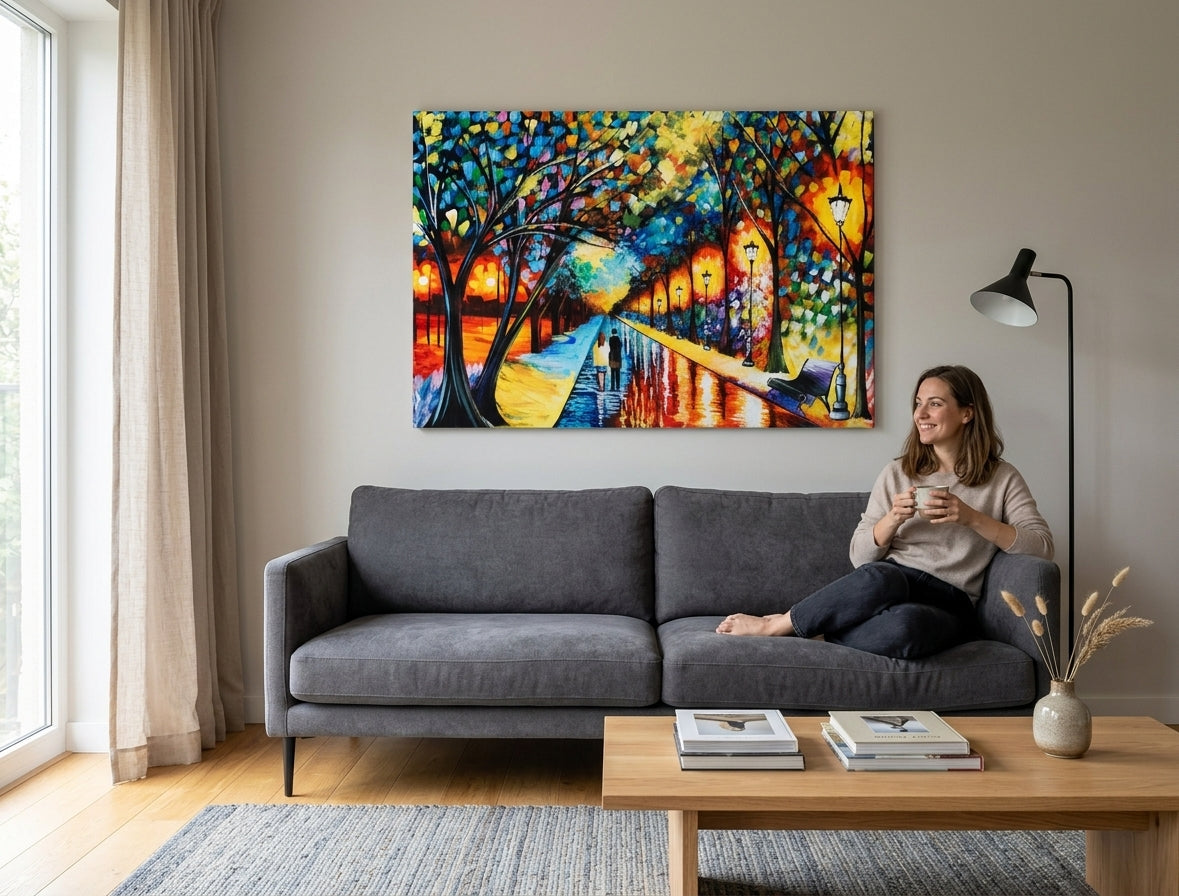V boho štýle obraz na plátne s motívom pár, stromy, cestička, lavička v parku, krajina v modro-oranžových odtieňoch zavesený v interiéri obývačky – interiér