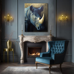 So zlatou tlačou obraz na plátne s motívom Rhino's Armor of the Savanna, zviera v modro-zlatých odtieňoch, majestátna atmosféra, vhodný do pracovne – produkt