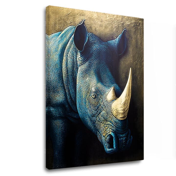 So zlatou tlačou obraz na plátne s motívom Rhino's Armor of the Savanna, zviera v modro-zlatých odtieňoch, majestátna atmosféra, vhodný do pracovne – hlavný