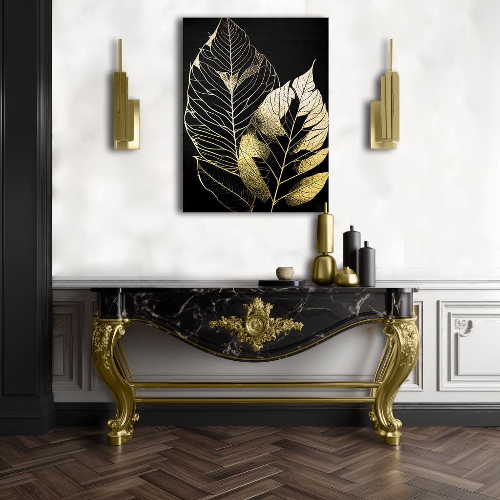 Moderný obraz na plátne s motívom Dancing Leaves of the Wind, listy v čierno-zlatých odtieňoch, elegantná atmosféra, príroda a luxusný dojem – produkt