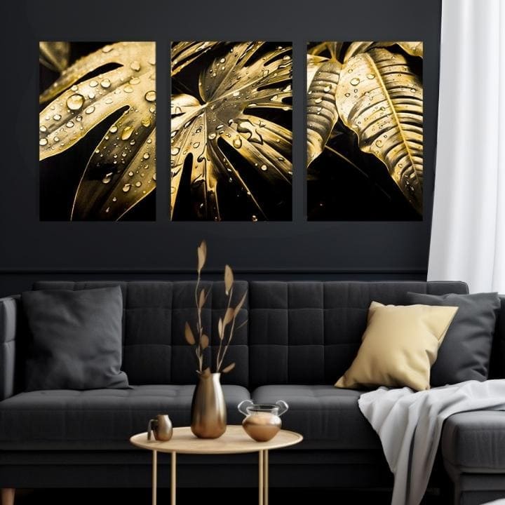 So zlatou tlačou obraz na plátne s motívom Dance of the Gold Leaves, príroda v zlato-čiernych odtieňoch, luxusná atmosféra, príroda a luxusný dojem – produkt