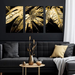 So zlatou tlačou obraz na plátne s motívom Dance of the Gold Leaves, príroda v zlato-čiernych odtieňoch, luxusná atmosféra, príroda a luxusný dojem – produkt