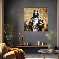 So zlatou tlačou obraz na plátne s motívom Strength of Christ, krajina, náboženský motív v bielo-zlatých odtieňoch, slávnostná atmosféra, vhodný do obývačky – produkt