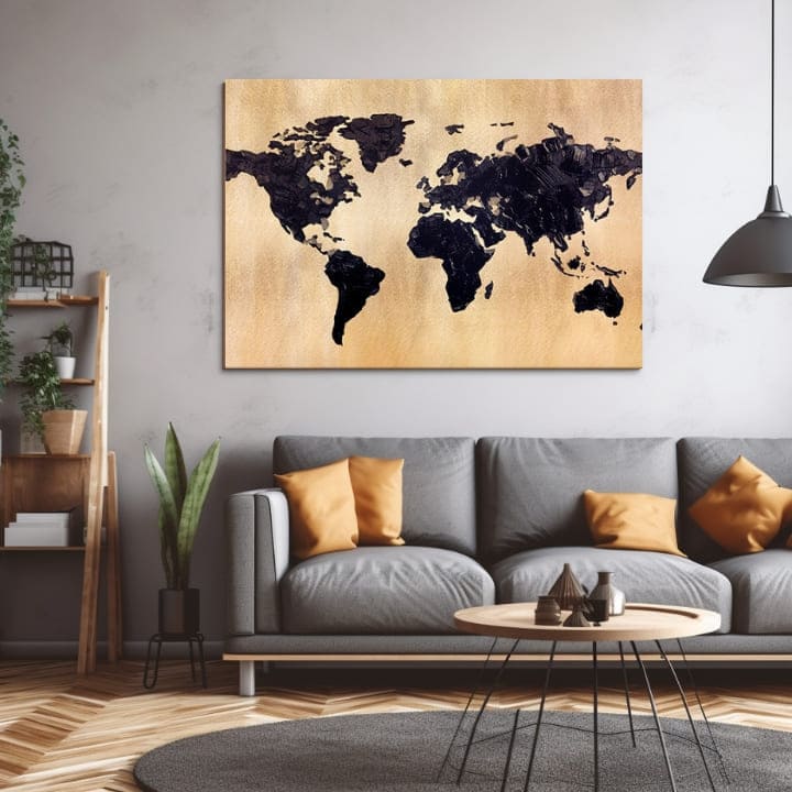 So zlatou tlačou obraz na plátne s motívom World in Gold, mapa sveta, cestovateľský motív, mapa, príroda v zlato-čiernych odtieňoch, vhodný do kancelárie – produkt