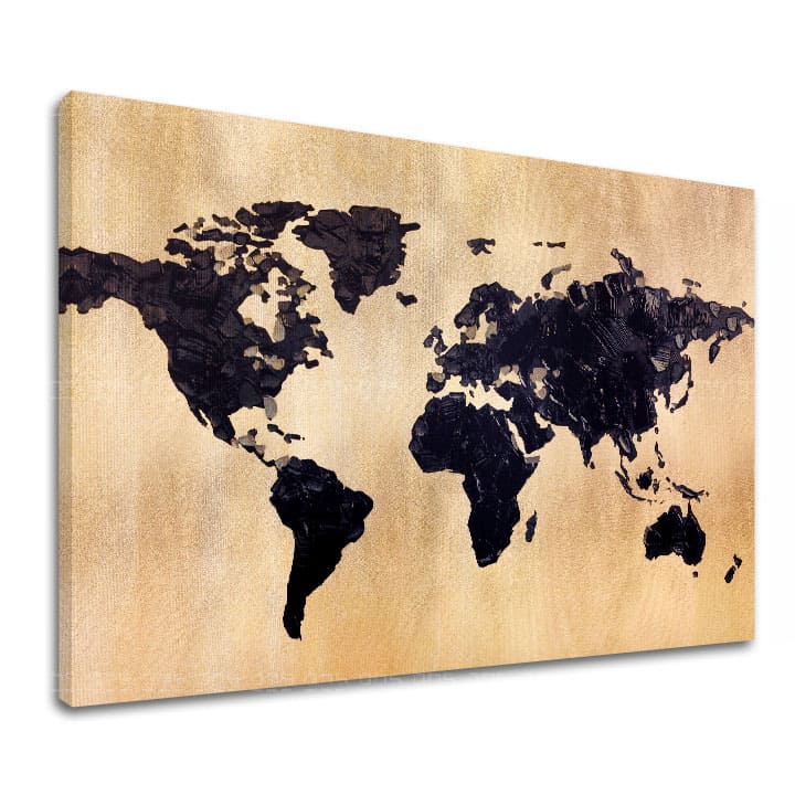 So zlatou tlačou obraz na plátne s motívom World in Gold, mapa sveta, cestovateľský motív, mapa, príroda v zlato-čiernych odtieňoch, vhodný do kancelárie – hlavný
