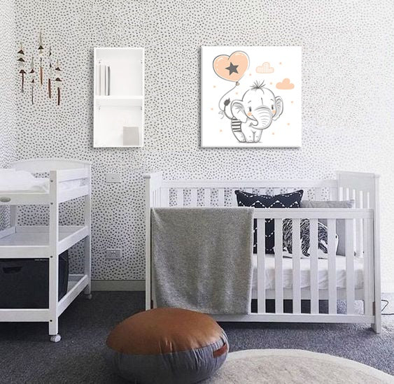 V boho štýle obraz s motívom PRE DETI, slon, balón v bielo-hnedých odtieňoch | Obraz na stenu PRE DETI, detstvo a sny – náhľad
