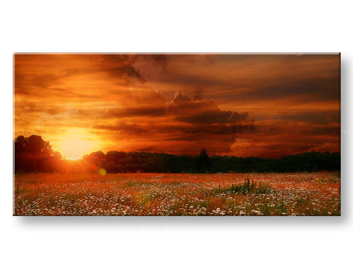 Moderný obraz na plátne s motívom PANORÁMA KRAJINA, západ slnka, oblaky, obloha v oranžovo-hnedých odtieňoch, pokojná atmosféra | Obraz na stenu PANORÁMA KRAJINA – produkt