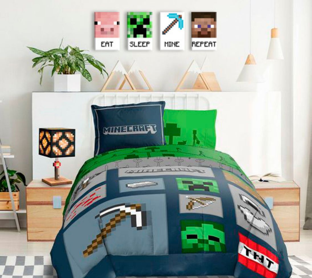 Moderný obraz na plátne v bielo-čiernych odtieňoch, hravá atmosféra | Minecraft obraz - Najlepšie postavičky na plátne - Eat, Sleep, Mine, Repeat – produkt