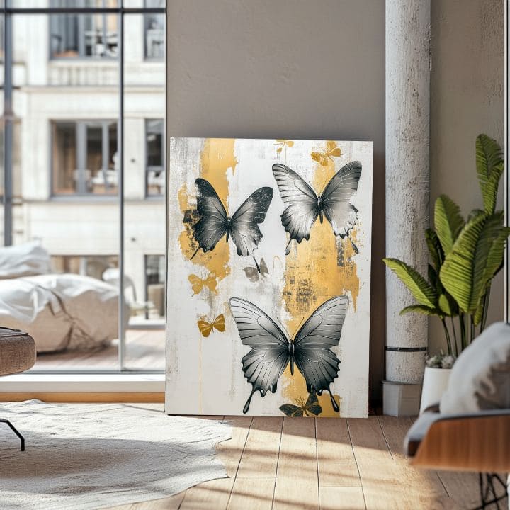 Moderný obraz na plátne s motívom y motýľov - Mystické Krídla, motýle v bielo-čiernych odtieňoch, elegantná atmosféra, príroda a elegancia | Obrazy motýľov - Mystické Krídla – produkt, pohľad 3