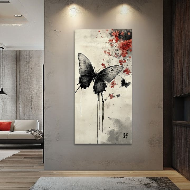 Moderný obraz na plátne s motívom Motýľa - Japonský Minimalizmus, motýľ, kvety v krémovo-čiernych odtieňoch, pokojná atmosféra | Obraz Motýľa - Japonský Minimalizmus – produkt, pohľad 3