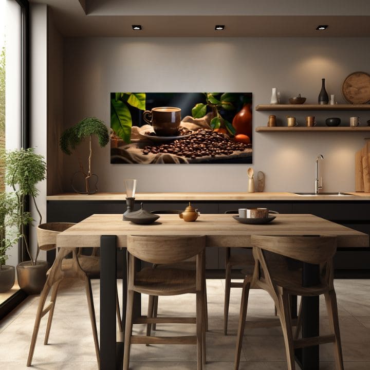 Moderný obraz na plátne s motívom Majstrovské Dielo Baristu, šálka kávy, príroda v béžovo-hnedých odtieňoch, útulná atmosféra, vhodný do kuchyne – produkt