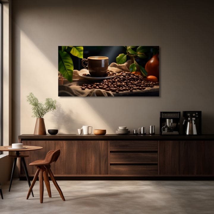 Moderný obraz na plátne s motívom Majstrovské Dielo Baristu, šálka kávy, príroda v béžovo-hnedých odtieňoch, útulná atmosféra, vhodný do kuchyne – produkt, pohľad 2