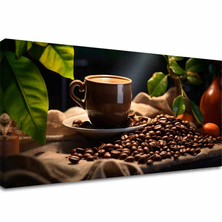 Moderný obraz na plátne s motívom Majstrovské Dielo Baristu, šálka kávy, príroda v béžovo-hnedých odtieňoch, útulná atmosféra, vhodný do kuchyne – hlavný