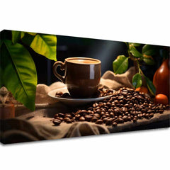 Moderný obraz na plátne s motívom Majstrovské Dielo Baristu, šálka kávy, príroda v béžovo-hnedých odtieňoch, útulná atmosféra, vhodný do kuchyne – hlavný