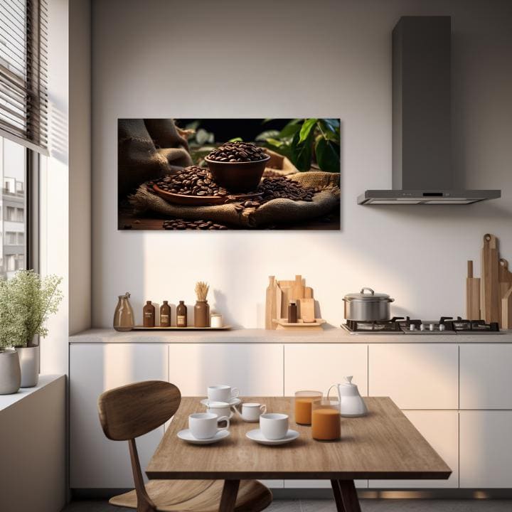 Moderný obraz na plátne s motívom Ranná Arabica, príroda v béžovo-hnedých odtieňoch, útulná atmosféra, vhodný do kuchyne | Kávové obrazy do kuchyne Ranná Arabica – produkt