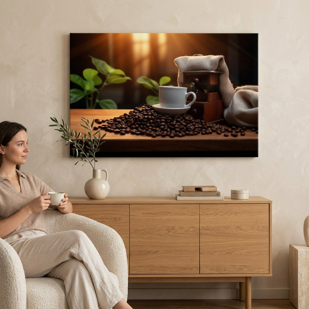 Moderný obraz na plátne s motívom Elegancia Espressa, šálka kávy, mapa, príroda v bielo-hnedých odtieňoch zavesený v interiéri kuchyne | Kávové obrazy do kuchyne Elegancia Espressa – interiér