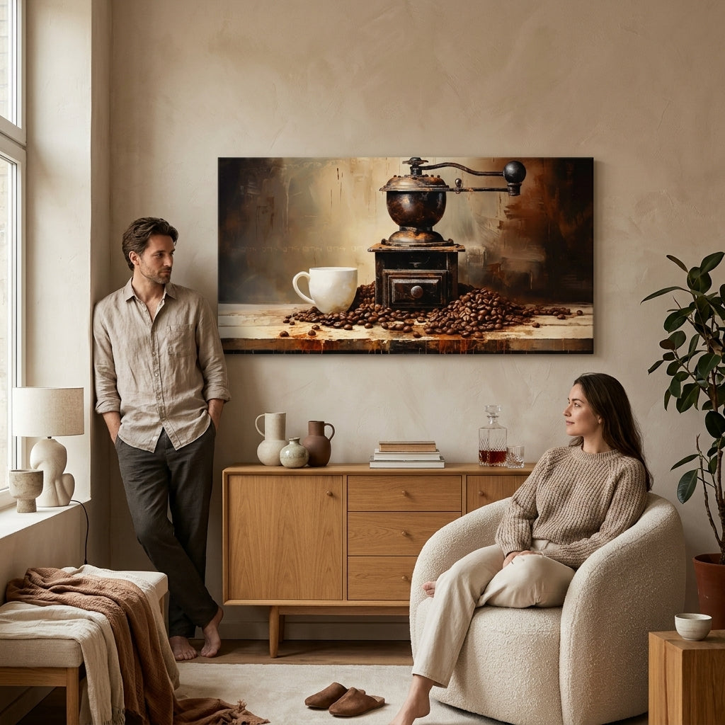 Vintage obraz na plátne s motívom Čas Oddychu, šálka kávy v bielo-béžových odtieňoch zavesený v interiéri kuchyne, útulná atmosféra | Kávové obrazy do kuchyne Čas Oddychu – interiér