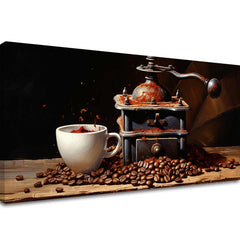 Vintage obraz na plátne s motívom Čaro Obyčajných Vecí, šálka kávy v bielo-hnedých odtieňoch, útulná atmosféra, vhodný do kuchyne | Kávové obrazy do kuchyne Čaro Obyčajných Vecí – hlavný