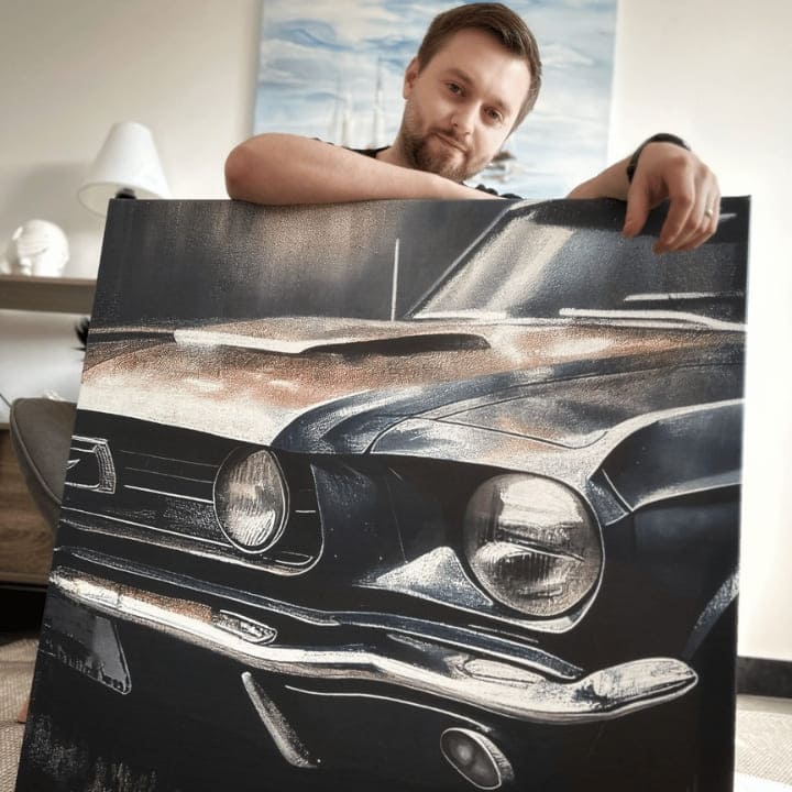 Vintage obraz na plátne s motívom Cválajúci americký sen, automobil, mapa v modrých odtieňoch, vhodný do kancelárie | Dizajnová dekorácia na plátne Cválajúci americký sen – produkt