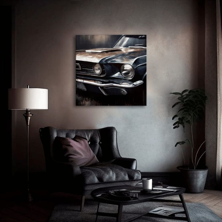 Vintage obraz na plátne s motívom Cválajúci americký sen, automobil, mapa v modrých odtieňoch, vhodný do kancelárie | Dizajnová dekorácia na plátne Cválajúci americký sen – produkt, pohľad 2