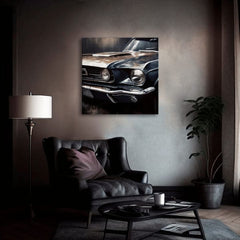 Vintage obraz na plátne s motívom Cválajúci americký sen, automobil, mapa v modrých odtieňoch, vhodný do kancelárie | Dizajnová dekorácia na plátne Cválajúci americký sen – produkt, pohľad 2