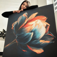 V boho štýle obraz na plátne s motívom Prebudenie krásy, tulipán, kvet, kvety, príroda v modro-oranžových odtieňoch, elegantná atmosféra, vhodný do chodby – produkt