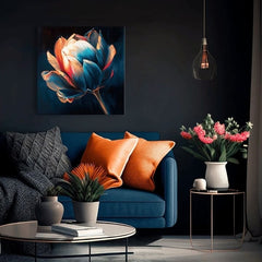 V boho štýle obraz na plátne s motívom Prebudenie krásy, tulipán, kvet, kvety, príroda v modro-oranžových odtieňoch, elegantná atmosféra, vhodný do chodby – produkt, pohľad 2