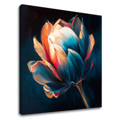 V boho štýle obraz na plátne s motívom Prebudenie krásy, tulipán, kvet, kvety, príroda v modro-oranžových odtieňoch, elegantná atmosféra, vhodný do chodby – hlavný