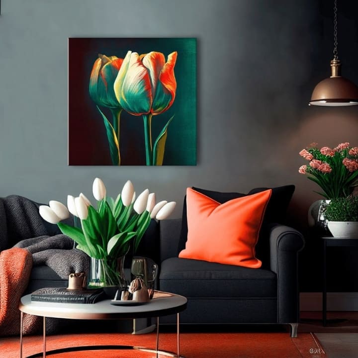 Pop art obraz na plátne s motívom Ráno s tulipánom, tulipány, kvety, listy, príroda v bielo-oranžových odtieňoch, dramatická atmosféra, vhodný do kuchyne – produkt