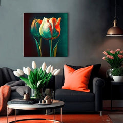 Pop art obraz na plátne s motívom Ráno s tulipánom, tulipány, kvety, listy, príroda v bielo-oranžových odtieňoch, dramatická atmosféra, vhodný do kuchyne – produkt