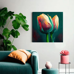 Pop art obraz na plátne s motívom Nádych jari na stene, tulipány, kvety, príroda v modro-oranžových odtieňoch, elegantná atmosféra, vhodný do kuchyne – produkt