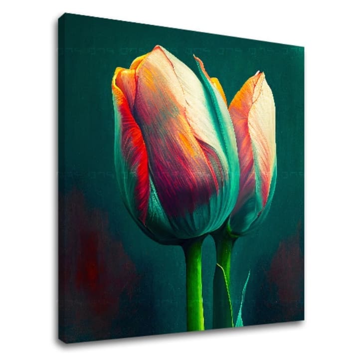 Pop art obraz na plátne s motívom Nádych jari na stene, tulipány, kvety, príroda v modro-oranžových odtieňoch, elegantná atmosféra, vhodný do kuchyne – hlavný